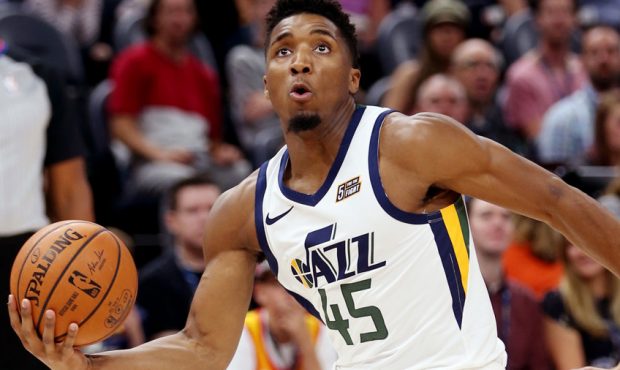 Utah Jazz guard Donovan Mitchell drives to the basket in the Jazz's 128-67 win over the Perth Wildc...