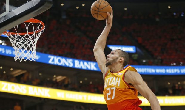 Utah Jazz center Rudy Gobert (27) dunks on the Oklahoma City Thunder in the second half during Game...