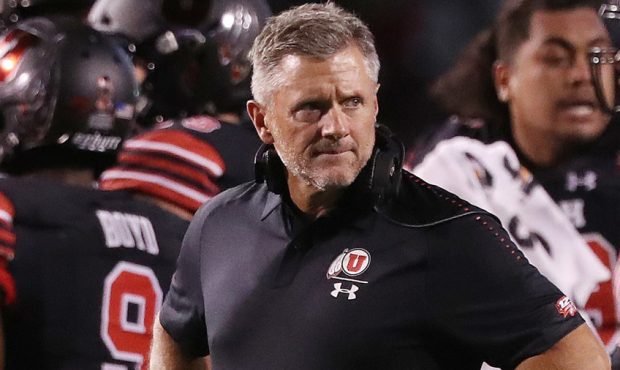 Utah Utes head coach Kyle Whittingham watches the action during the game against the Washington Hus...