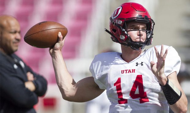 Utah's Jack Tuttle throws the ball during spring camp at Rice-Eccles Stadium in Salt Lake City on F...