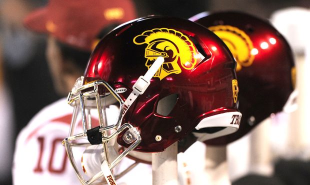View of the USC Trojans football helmets shown during their game against the Utah Utes at Rice-Eccl...