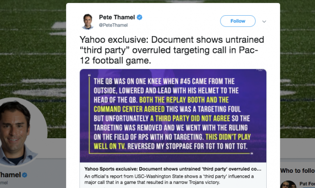 Pete Thamel tweets out a image linking to his story on a controversial decision by the Pac-12. (Pet...