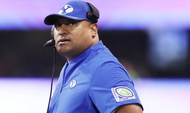 Brigham Young Cougars head coach Kalani Sitake watches the clock in Seattle on Saturday, Sept. 29, ...