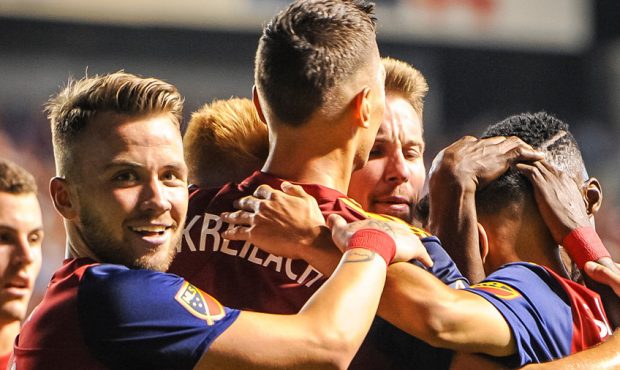 The team rallies around Real Salt Lake forward Jefferson Savarino (7) after he scores one of the 6 ...