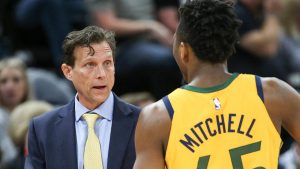 Utah Jazz head coach Quin Snyder talks to guard Donovan Mitchell (45) on the sideline during the game against the Detroit Pistons at Vivint Smart Home Arena in Salt Lake City on Tuesday, March 13, 2018. (Spenser Heaps, Deseret News)