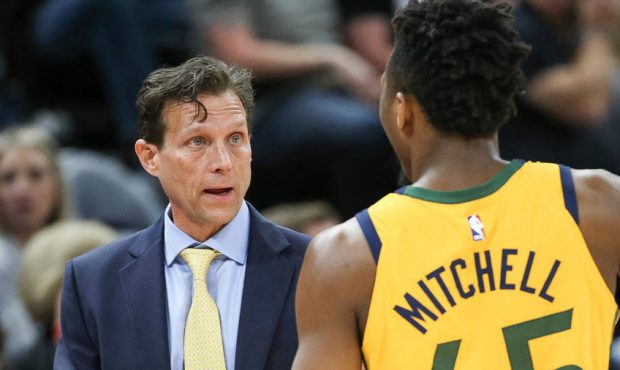 Utah Jazz head coach Quin Snyder talks to guard Donovan Mitchell (45) on the sideline during the ga...