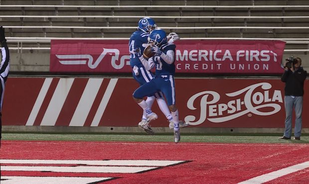 Dixie celebrates a touchdown against Park City in the 4A semifinal of the UHSAA state tournament at...