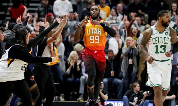 Utah Jazz forward Jae Crowder (99) skips down the court after sinking a three in the final minute o...