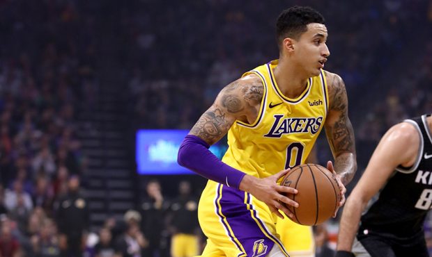 NOVEMBER 10: Kyle Kuzma #0 of the Los Angeles Lakers in action against the Sacramento Kings at Gold...