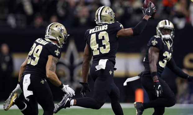 Marcus Williams #43 of the New Orleans Saints celebrates against the Atlanta Falcons at the Mercede...