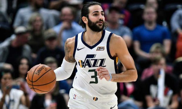 Ricky Rubio #3 of the Utah Jazz brings the ball up court in a preseason game against the Perth Wild...