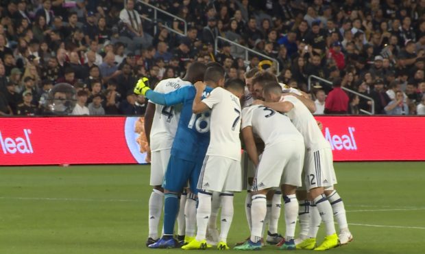 Real Salt Lake starters huddle before taking the field against LAFC in the knockout round of the ML...