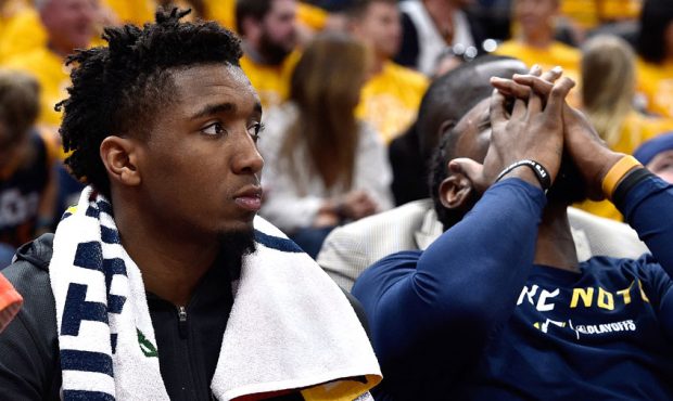 Donovan Mitchell #45 and Jae Crowder #99 of the Utah Jazz react to their 113-92 loss in Game Three ...