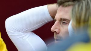 LANDOVER, MD - NOVEMBER 18: Alex Smith #11 of the Washington Redskins reacts as he is carted off the field after an injury in the third quarter against the Houston Texans at FedExField on November 18, 2018 in Landover, Maryland. (Photo by Patrick McDermott/Getty Images)
