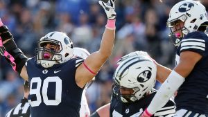 Brigham Young Cougars defensive lineman Corbin Kaufusi (90) celebrates after the Brigham Young Cougars stop the Northern Illinois Huskies on third down during NCAA football in Provo on Saturday, Oct. 27, 2018. (Ravell Call, Deseret News)