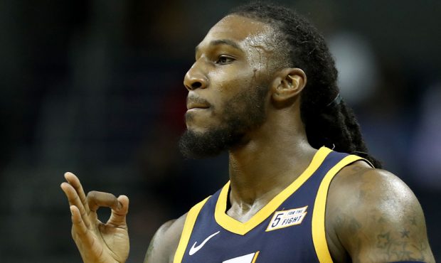 Jae Crowder #99 of the Utah Jazz reacts after a play against the Charlotte Hornets during their gam...