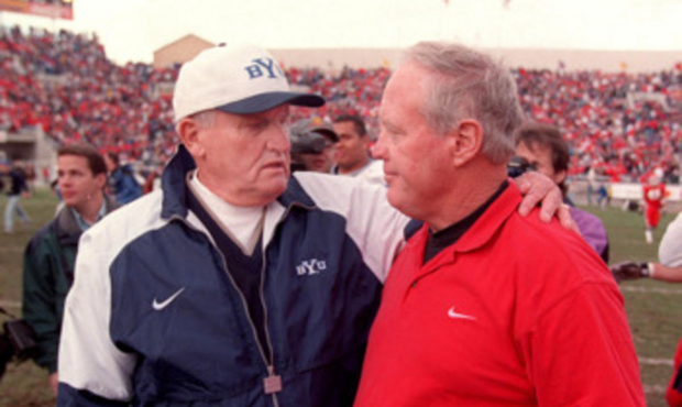BYU Coach LaVell Edwards and U of U Coach Ron McBride congratulate each other after the game. (Tom ...