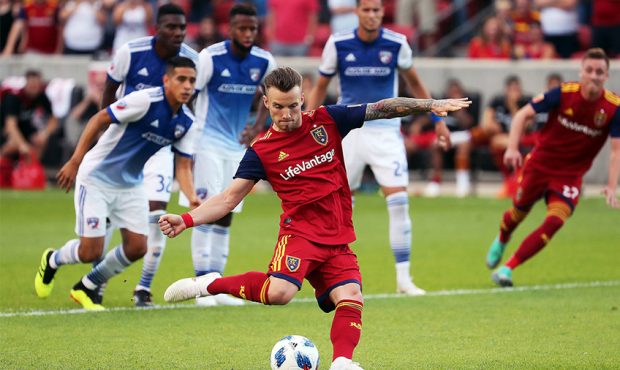 Real Salt Lake midfielder Albert Rusnak (11) scores on a penalty kick against FC Dallas during MLS ...
