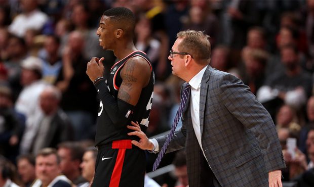 Head coach Nick Nurse of the Toronto Raptors instructs Delon Wright #55 while playing the Denver Nu...