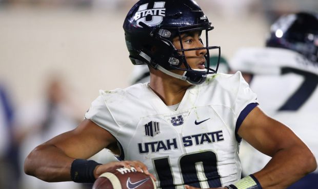 Jordan Love #10 of the Utah State Aggies throws a second half pass while playing the Michigan State...