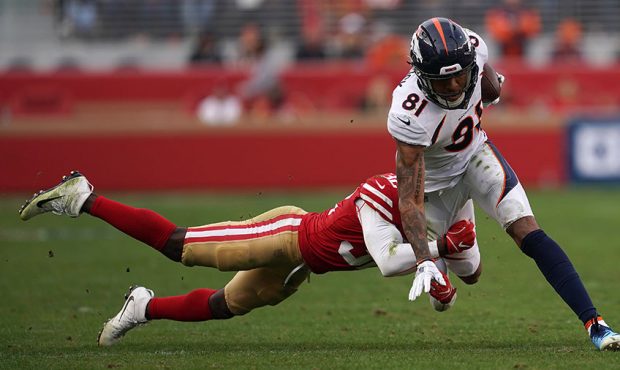 Tim Patrick #81 of the Denver Broncos runs after a catch against the San Francisco 49ers during the...