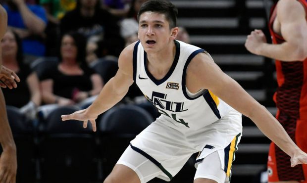 Grayson Allen #24 of the Utah Jazz plays defense in a preseason game against the Perth Wildcats at ...