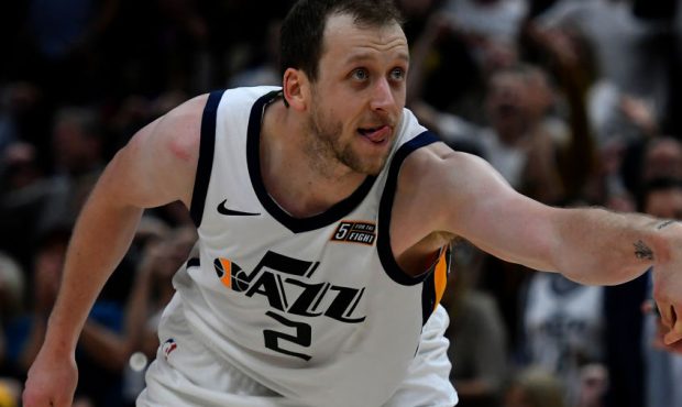 Joe Ingles #2 of the Utah Jazz reacts to his three point basket in the second half of a NBA game ag...