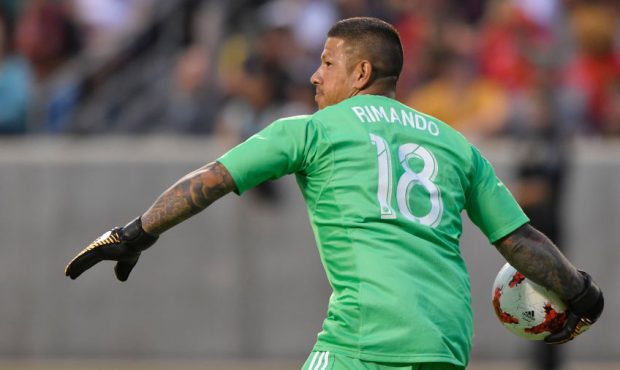 Nick Rimando #18 of Real Salt Lake throws the ball in play during the first half against Manchester...