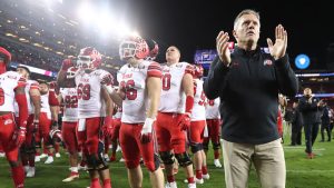 Utah Utes head coach Kyle Whittingham joins his team as they acknowledge their fans after the game as Utah falls 10-3 to Washington in the Pac-12 Championship game at Levi's Stadium in Santa Clara on Friday, Nov. 30, 2018. (Deseret News)
