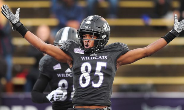 Weber State Wildcats wide receiver Devon Cooley (85) celebrates his touchdown against the Southeast...