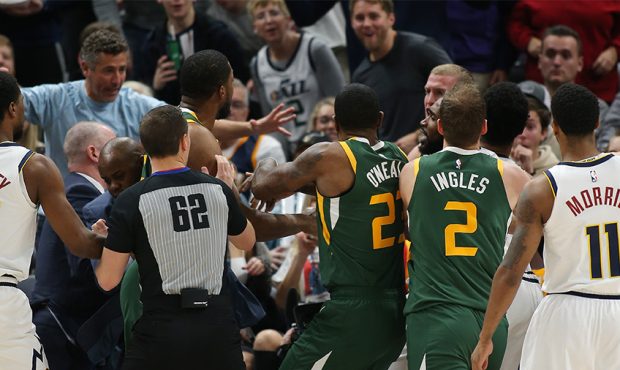 Utah Jazz and Denver Nuggets players get into a scuffle as they play an NBA basketball game in Salt...