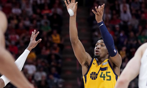 Utah Jazz guard Donovan Mitchell (45) shoots during the game against the Chicago Bulls at Vivint Sm...