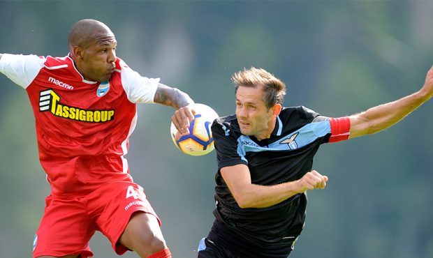 Senad Lulic of SS Lazio compete for the ball with Everton Luiz of Spal during the pre-season friend...