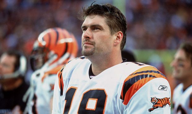 Quarterback Scott Mitchell #19 of the Cincinnati Bengals looking on from the sidelines during the g...