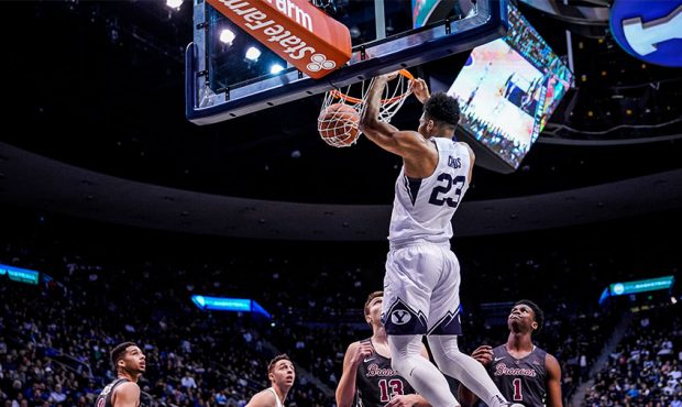 BYU's Yoeli Childs dunks the ball during the Cougars' 80-74 win over Santa Clara in the Marriott Ce...