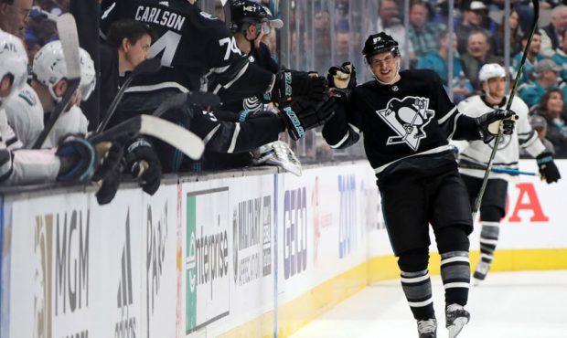 Sidney Crosby #87 of the Pittsburgh Penguins celebrates a goal during the 2019 Honda NHL All-Star G...