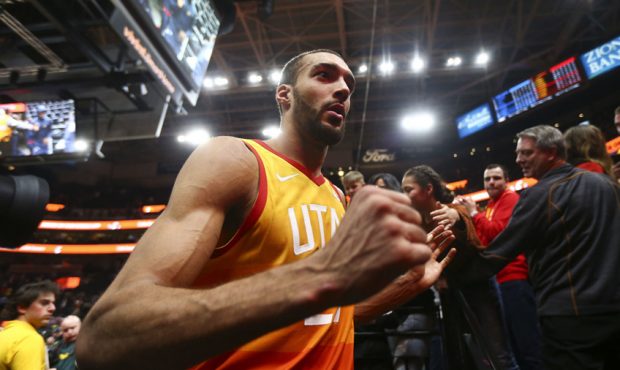 Utah Jazz center Rudy Gobert (27) makes his way off the court after beating the Detroit Pistons 100...