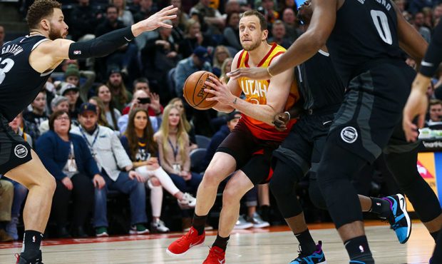 Utah Jazz forward Joe Ingles (2) dribbles to the hoop against the Detroit Pistons during the first ...