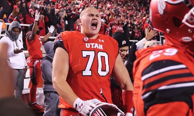 Utah Utes offensive lineman Jackson Barton (70) yells as the game comes down to the end as BYU and ...