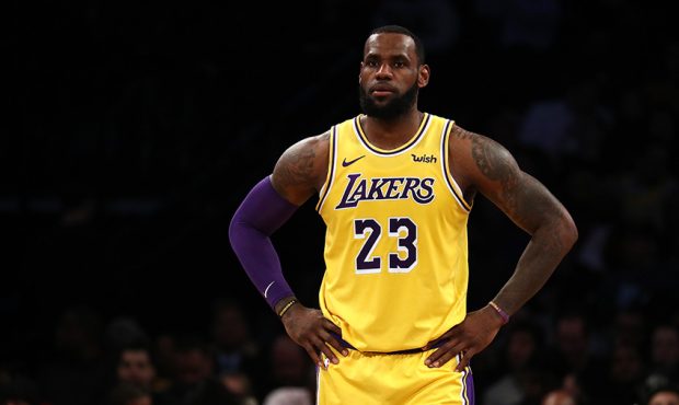 LeBron James #23 of the Los Angeles Lakers looks on against the Brooklyn Nets during their game at ...