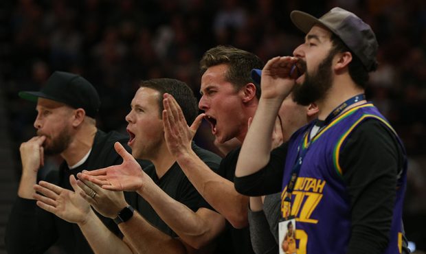 Fans scream as the Utah Jazz take the lead during the game against the Orlando Magic at Vivint Smar...