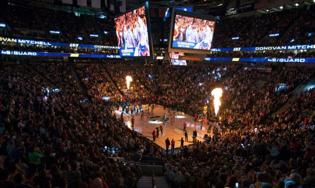 Donovan Mitchell #45 of the Utah Jazz is introduced during pre-game ceremonies before the start of ...