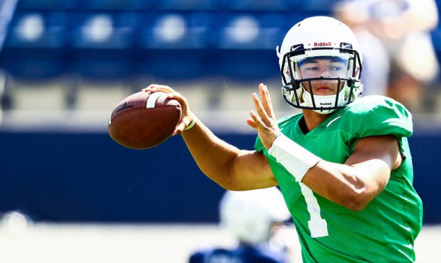 Quarterback Jaren Hall looks to throw during BYU scrimmage Thursday, Aug. 16, 2018, at LaVell Edwar...