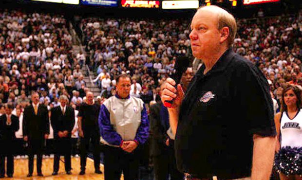Larry H. Miller leads fans and players in a moment of silence for Bobbye Sloan, the wife of jazz co...