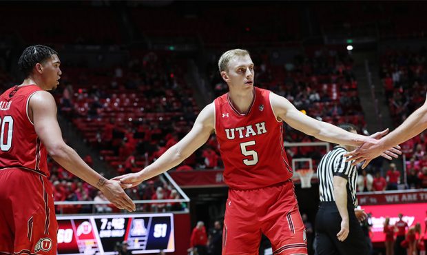 Utah Utes guard Parker Van Dyke (5) celebrates one of his three pointers in Salt Lake City on Thurs...