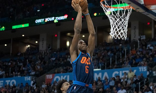 Hamidou Diallo #6 of the Oklahoma City Thunder dunks two points against the Sacramento Kings during...