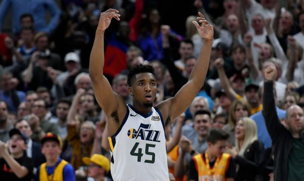 Donovan Mitchell #45 of the Utah Jazz reacts to a late basket in the second half of a NBA game agai...