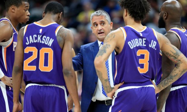 Igor Kokoskov the head coach of the Phoenix Suns gives instructions to his team against the Indiana...