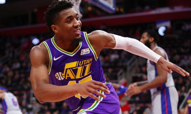 Donovan Mitchell #45 of the Utah Jazz reacts late in the game while playing the Detroit Pistons at ...