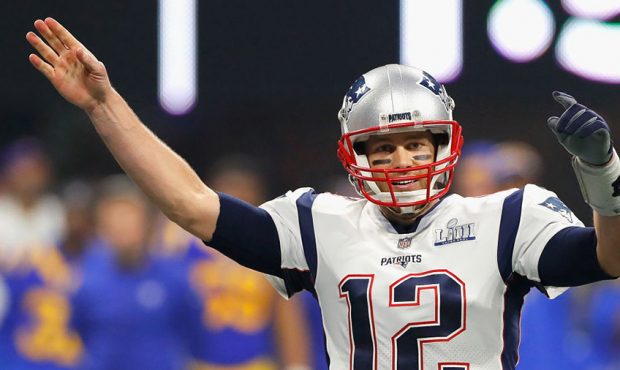 Tom Brady #12 of the New England Patriots celebrates after winning the Super Bowl LIII at against t...